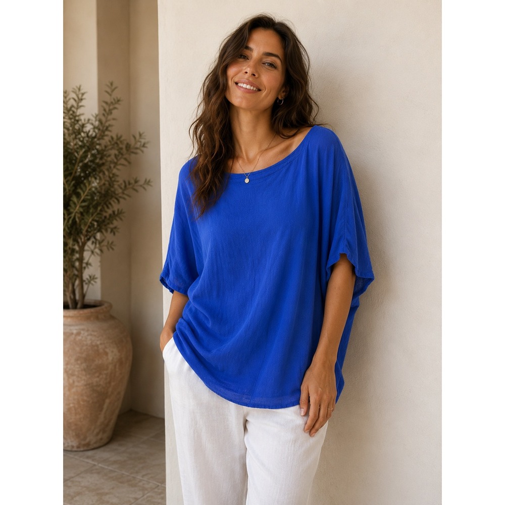 Oh My Gauze Royal Blue Cotton Crinkle Gauze Boat Neck Dolman Sleeve Top Size 1